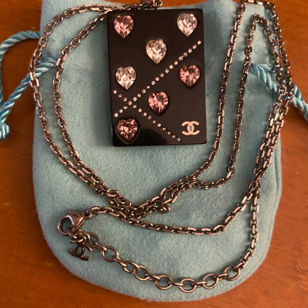 Chanel Pink/Clear Crystal Black Silver Necklace